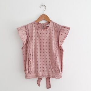Cottagecore Pink Textured Lace Trim Flutter Sleeve Top With Tie Back